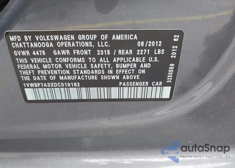 2013 Volkswagen Passat 2.5L Se z USA, uszkodzony, nr VIN 1VWBP7A3XDC019162